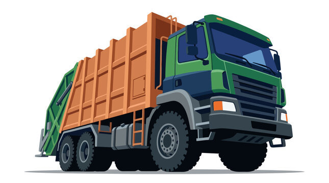 Vector illustration of a green and orange garbage truck for waste management and sanitation services. This refuse collection vehicle features a large compactor body in a flat design.