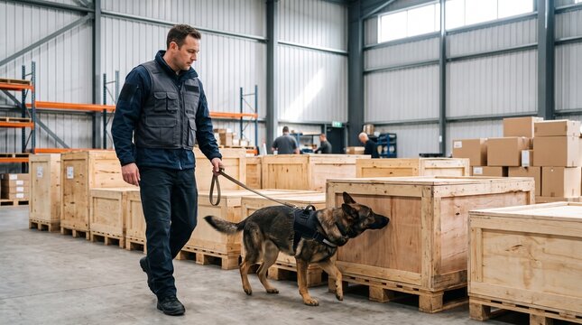 Customs officer walking with trained K9 detection dog inspecting wooden cargo crates in warehouse, symbolizing security and contraband detection