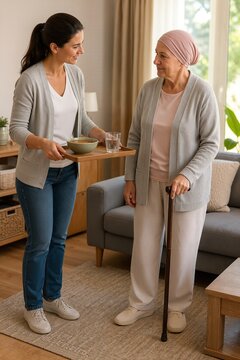 Caregiver assisting elderly woman with cancer in cozy living room environment, bringing meal and water to provide support and comfort during treatment. Compassionate care for elderly cancer patients.