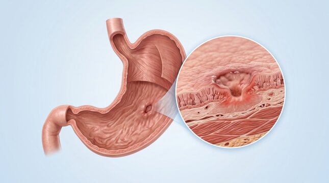 Gastric ulcer shown as stomach overview with enlarged mucosal crater detail in premium clinical CGI, isolated on clean pale blue background clear digestive education.