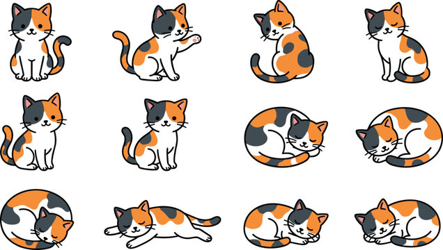 Cute Calico Cat Cartoon Character Icon Set featuring Sleeping Sitting and Playing Poses for Pet Lovers Stickers Web and App Designs