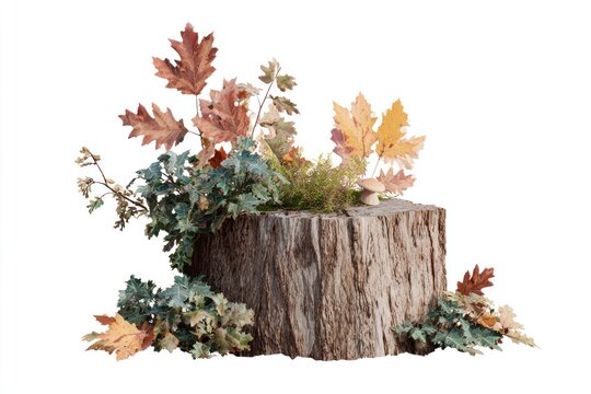 Autumn leaves on tree stump with mushrooms and foliage.