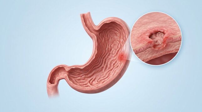 Gastric ulcer shown as stomach overview with enlarged mucosal crater detail in premium clinical CGI, isolated on clean pale blue background clear digestive education.