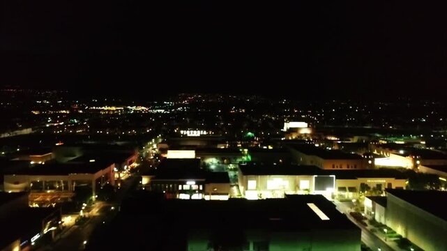 Rancho Cucamonga at Night California Drone View of Victoria Gardens and Illuminated City Lights Creating a Dynamic Metropolitan Landscape with Bright Commercial Architecture