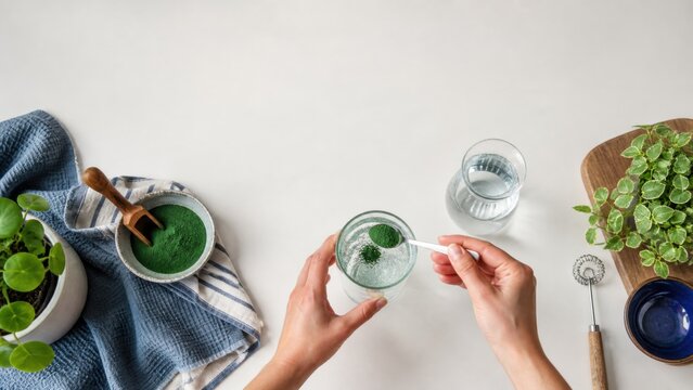 Person adding green spirulina powder to a glass of water