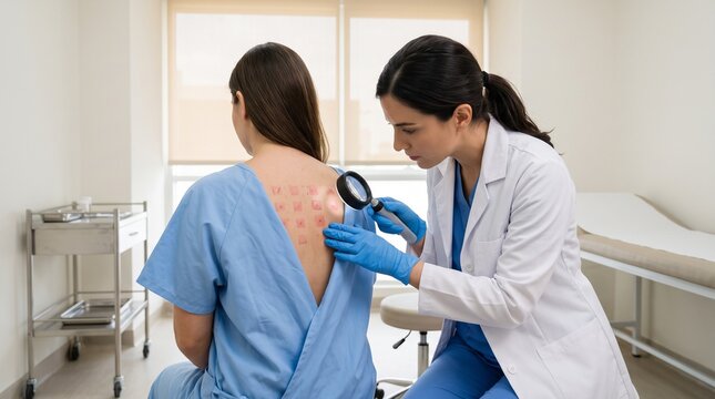 Female dermatologist examining allergic skin reactions on patient back using magnifying glass, highlighting precise allergy evaluation