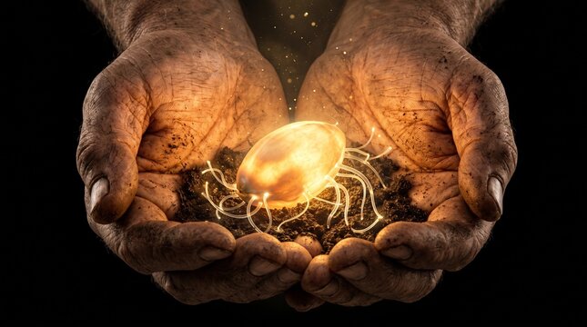 Close up of weathered hands cradling a glowing energy egg symbolising creation and nature with creation environment abstract spirituality protection beginning