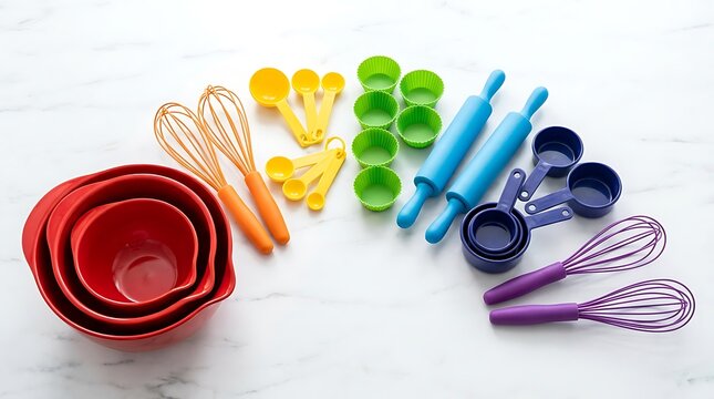 Colorful set of plastic mixing bowls whisks measuring cups and rolling pins for baking and cooking tasks. rainbow kitchen essentials
