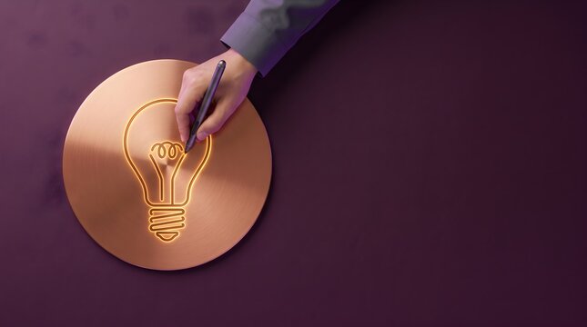 Hand draws idea lightbulb on metallic circle background.