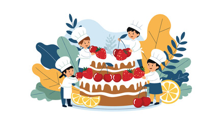 Naklejka premium Tiny children in chef hats and aprons happily decorate a huge multi-layered cake with fresh strawberries and cherries.