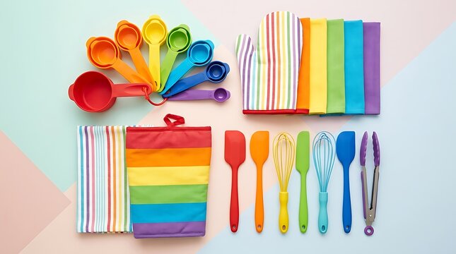 Set of colorful kitchen utensils and baking tools arranged neatly for cooking and food preparation tasks. rainbow kitchen essentials 