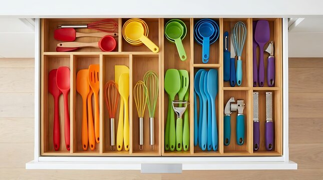 Top view of a wooden kitchen drawer organized with colorful cooking utensils and baking tools at home. rainbow kitchen essentials