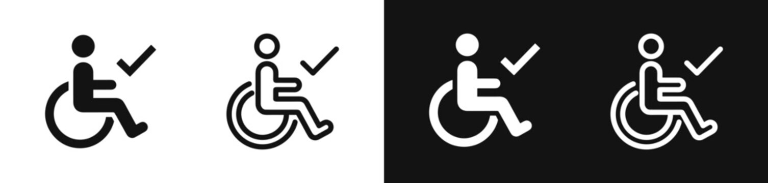 Accessible wheelchair icon set with check mark, disability approval and compliance vector symbols