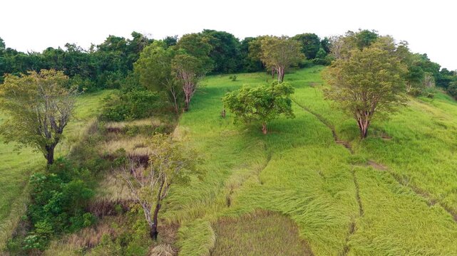 Aerial Drone Camera Turning Over Hilltop Summit Landscape