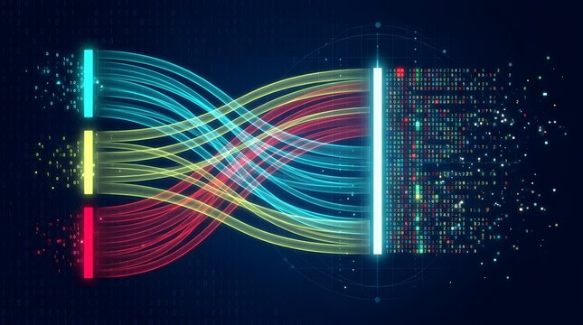 Abstract digital data flow with colorful light trails and binary code information processing.