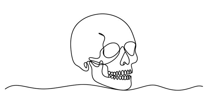Human skull drawing made with a single continuous black line on a simple surface