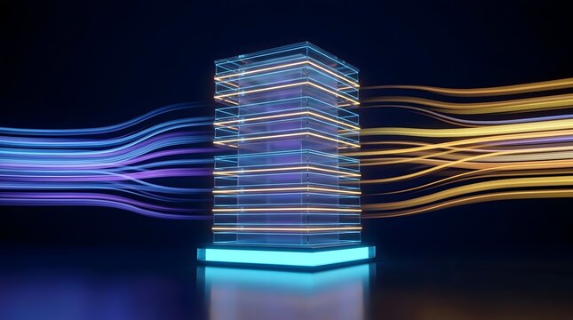 Futuristic glowing server tower with digital light trails representing high-speed data processing