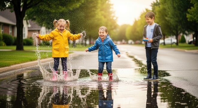 Three children playing in a puddle on a residential street.