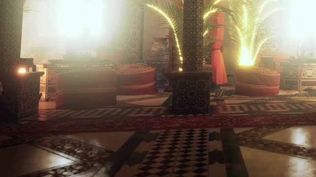 A stunning Moroccan interior features intricate tiles and plush seating. Golden light filters through, casting a warm glow over the decorative elements, creating a serene and inviting space.