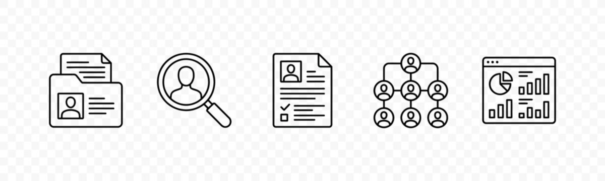 flat vector illustration line art icon bundle set design containing human resources sitemap hierarchies staff id cards resume checksheets and search tools