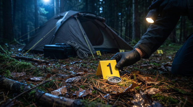 Forensic investigator examining evidence at a nighttime forest crime scene near a campsite