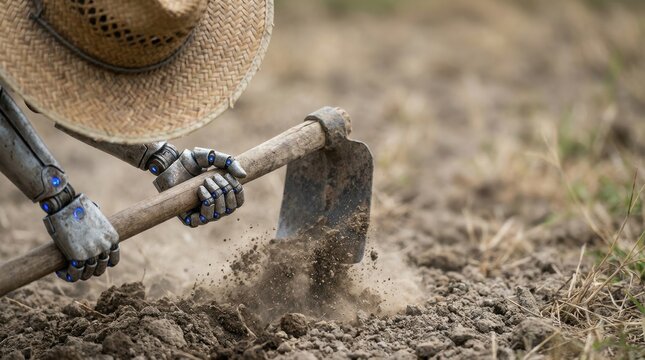 Robotic arms wearing a straw hat cultivate dry soil with a hoe scattering dirt artificial intelligence