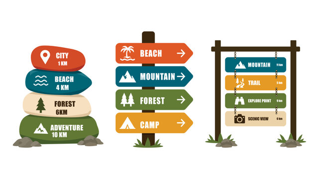 Adventure Travel Direction Signs and Outdoor Hiking Trail Signpost Vector Illustration