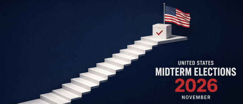 Navy banner symbolizing democracy for the 2026 midterm elections with steps leading up to a ballot box