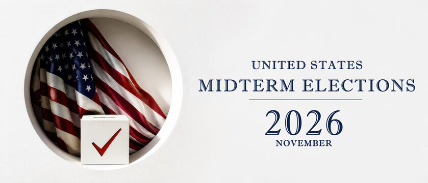 Navy light banner showcasing the importance of voting in the upcoming 2026 united states midterm elections within a circular design
