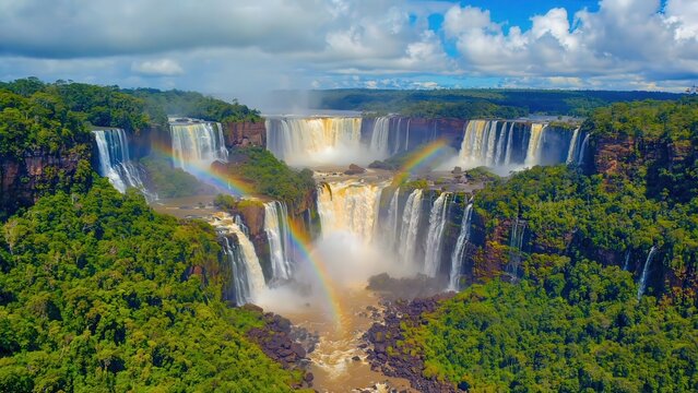 Panoramic Iguazu waterfalls with rainbow mist