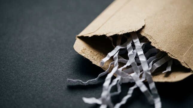 Close-up of shredded paper spilling from torn brown envelope
