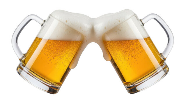 Two glass mugs of beer with connected foam heads clinking isolated on transparent background