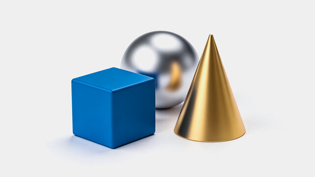 Three Geometric Shapes Cube Sphere Cone on White Background
