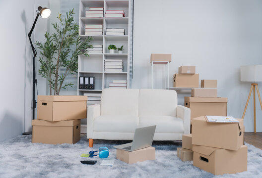 Moving Day Dilemma: A living room transformed into a temporary storage hub, with cardboard boxes stacked high around a sofa and shelf unit, suggesting an imminent move or relocation.