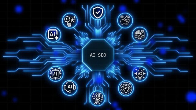 Ai SEO A glowing neon, and manufacturing process management all connected in a digital circuit like pattern. Business, Technology, Internet and network concept.