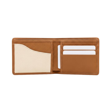 Open brown leather wallet with cream interior pockets isolated on transparent background