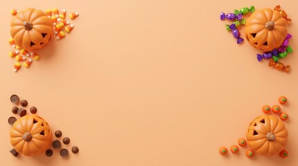 Fototapeta premium Autumnal frame of pumpkins berries and leaves on a soft peach background