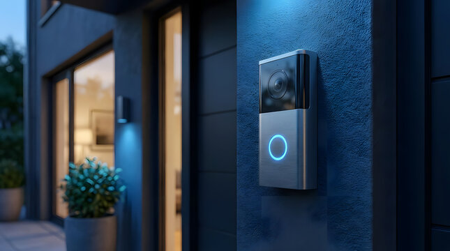 Modern video doorbell with glowing blue light at night.