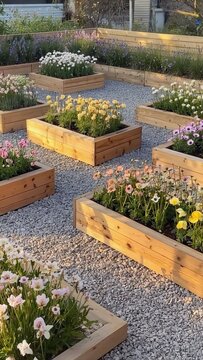 Raised flower beds with blooming plants