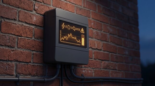 Smart digital electricity meter mounted on red brick wall displaying energy consumption graph, conveying home power grid monitoring