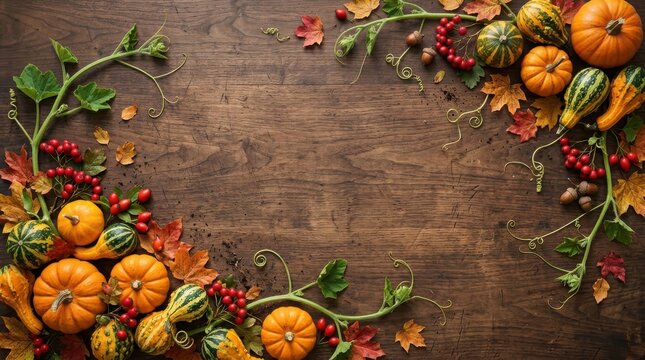 Fall harvest frame made with mini pumpkins gourds red berries and autumn maple leaves on rustic wooden background for seasonal projects.