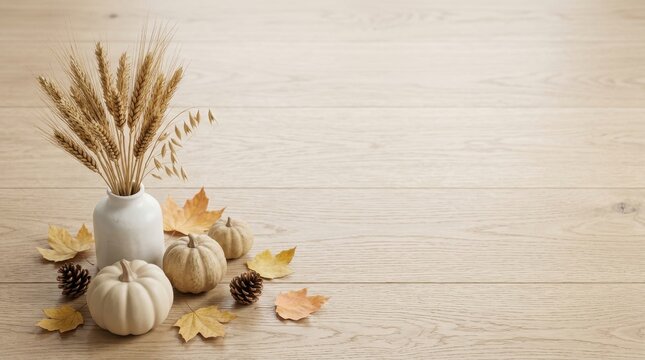 Minimalist autumn still life with white pumpkins and wheat stalks on light oak background.
