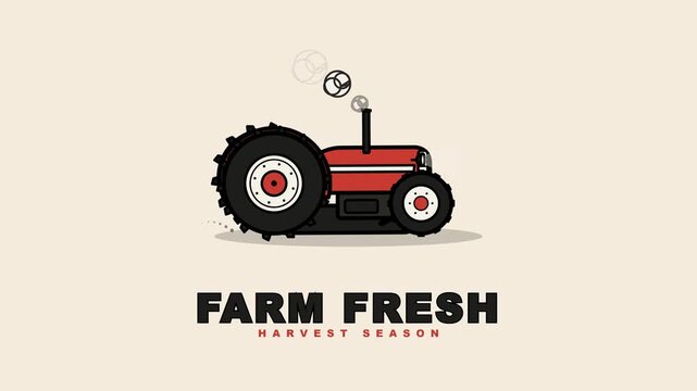 Animated red tractor driving with farm fresh harvest text