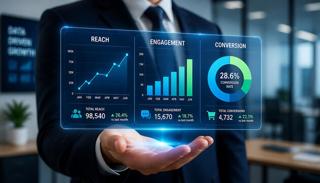 This image shows a businessman holding a digital holographic dashboard that displays key business and marketing analytics