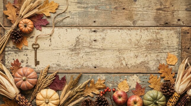 Rustic autumn border frame with vintage key and pumpkins on distressed wood surface.