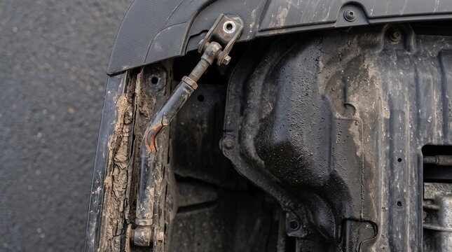 Damaged car fender and broken suspension strut after a vehicle collision accident