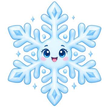 Cute cartoon snowflake character with smiling face and big eyes on transparent background. Kawaii blue ice crystal with sparkles for winter holiday greeting card, new year and christmas design, kids