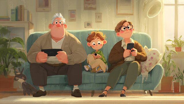 Family members sit together on a living room sofa while absorbed in their smartphones.