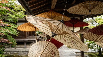 Obraz premium Traditional paper umbrellas hanging outdoors
