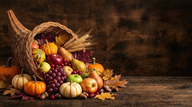 Wicker cornucopia overflowing with autumn harvest fruits and pumpkins on dark wooden table background.